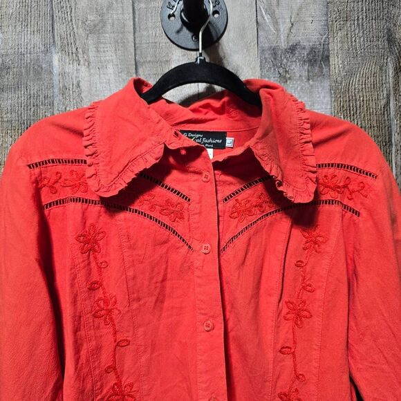 G Designs Natural Fashions Eyelet Embroidered Floral Red Orange Button Down Shir - Picture 2 of 5